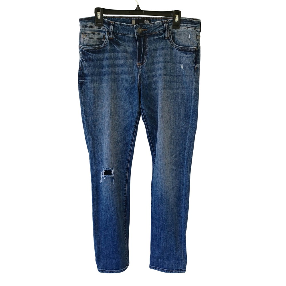 Kut from the Kloth Womens Size 12 Distressed Skinny Jeans Medium Wash Blue Denim